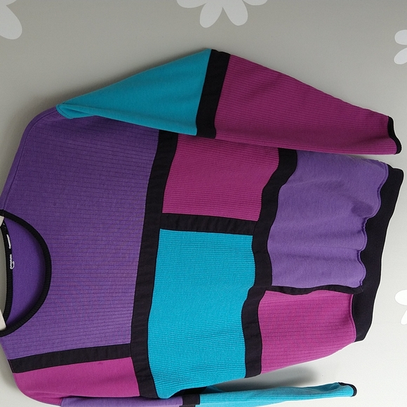 Vintage 80's Retro Purple, Pink, & Turquoise With Black Trim Color-Block Sweater - Picture 4 of 8